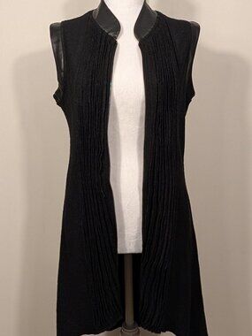 Luii Black Wool Blend Longline Vest Leather-Look Trim Zip Front | Sz S